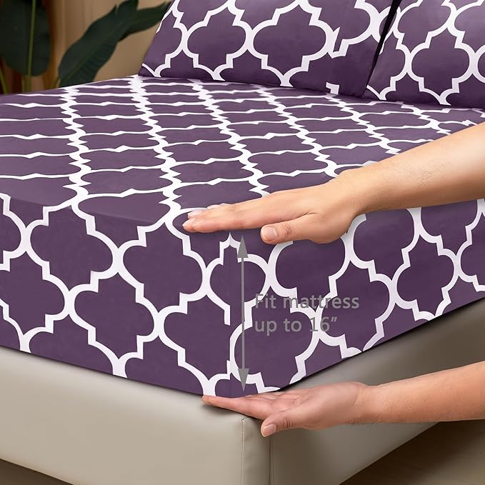 Mejoroom Queen Bed Sheet Set - Super Soft Brushed Microfiber 1800 Thread Count Queen Sheets with 16 inch Deep Pocket - Wrinkle Free - 4 Piece(Queen, Purple Quatrefoil with White Pattern)