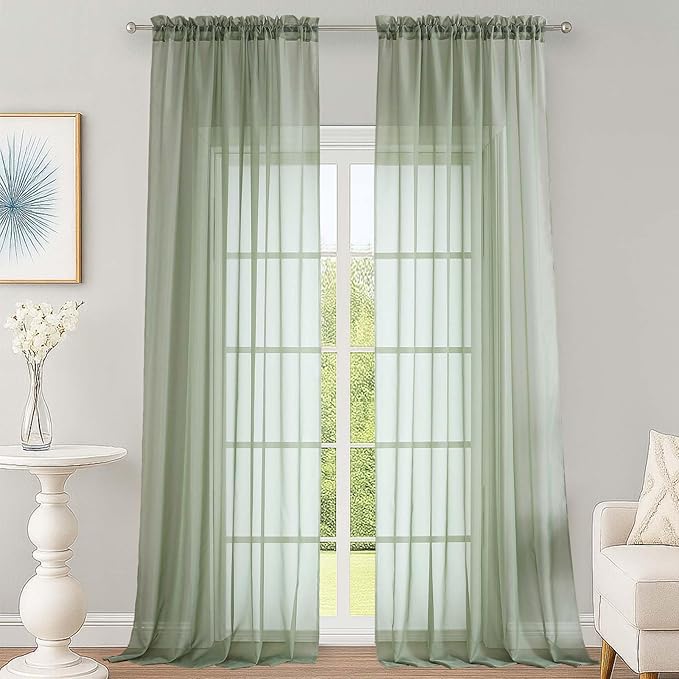 OWENIE Extra Long Sage Green Sheer Curtains 144 inch 2 Panels Set, Translucent Backdrop Window Scarf Drapes for Canopy Bed/Wedding/Living Room/Anniversary, 12FT Length, Each 59Wx144L in, 2PCS