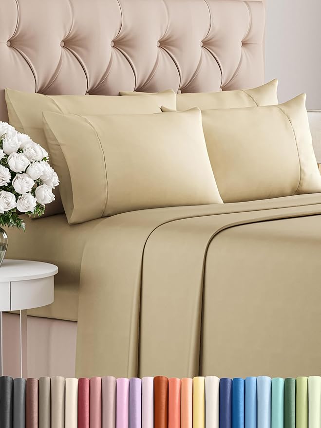Queen 6 Piece Sheet Set - Comfy Breathable & Cooling - Ultra Soft Hotel Luxury Bedding Set w/ 8-16 Inch Deep Pockets - 1 Flat & 1 Fitted Sheet & 4 Pillowcases - Cozy, Wrinkle Free & Easy Care - Beige