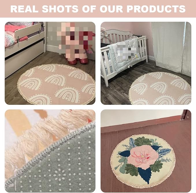 Woodland Animals Round Rugs Flower Crown Rabbit Barn Animal Boho Area Rug in Pastel Color Linen and Cotton Carpet Nursery Rug Washable Hallway Runner Mat Accent Rug for Bedroom Powder Room 3ft