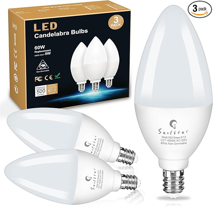 Sailstar Candelabra Light Bulbs 60 Watt Equivalent, 4000K Natural Daylight, 5W E12 Small Base Type B LED Bulbs, 500 Lumens, Chandelier Ceiling Fan Light Bulbs, CRI 85, Non-dimmable, Pack of 3