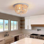 Q&S Wood Beaded Chandelier,Boho Farmhouse Light Fixture,Oak White,3 Lights,Semi Flush Mount Ceiling Light Fixtures for Hallway Baby's Nursery Bedroom Kitchen Living Room