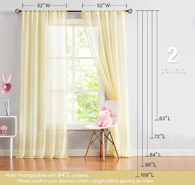 Treatmentex Pompom Sheer Yellow Curtains for Living Room Bedroom Nursery Room 72 inch Long Linen Texture Curtain Drapes for Kids Room 2 Panels Rod Pocket