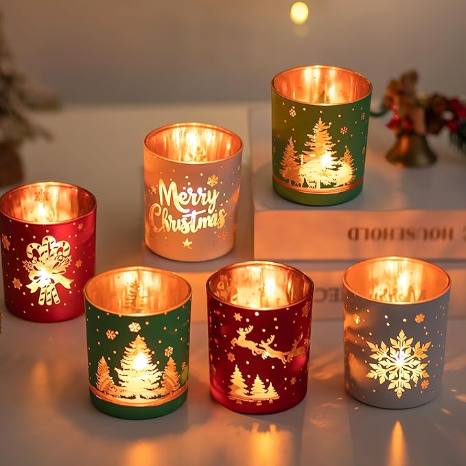Glasseam Christmas Votive Candle Holders: Glass Tealight Candle Holder Set of 6 Tea Candle Holder for Jar Candles Red Green White Candle Holders for Table Centerpiece Home Xmas Party Decorations Gifts