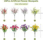 SHareconn 24 Bundles Artificial Flowers for Outdoors Decoration, Faux Plants Fake Silk Colorful Daisy Eucalyptus Lavender, UV Resistant for Outside Home Porch Patio Spring Decor, RedRosyPurpleYellow