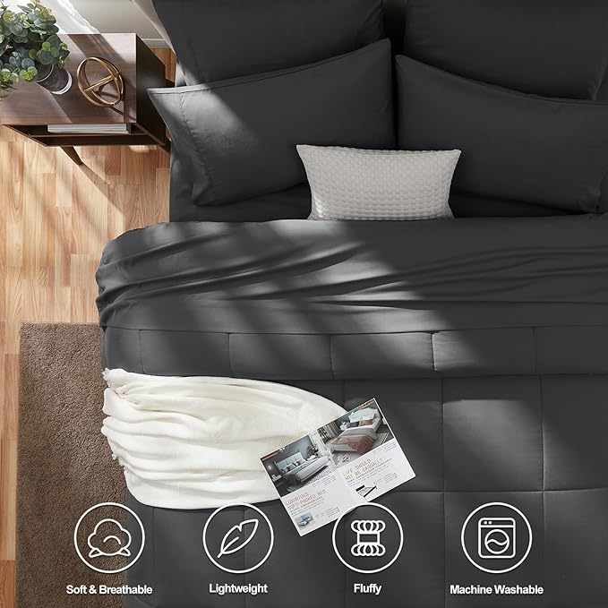 CozyLux Twin XL Comforter Set Dark Grey, 5 Pieces Twin Extra Long Bed in a Bag for College Dorm, All Season Bedding Set with Stitch Quilted Comforter, Flat Sheet, Fitted Sheet, Pillowcases