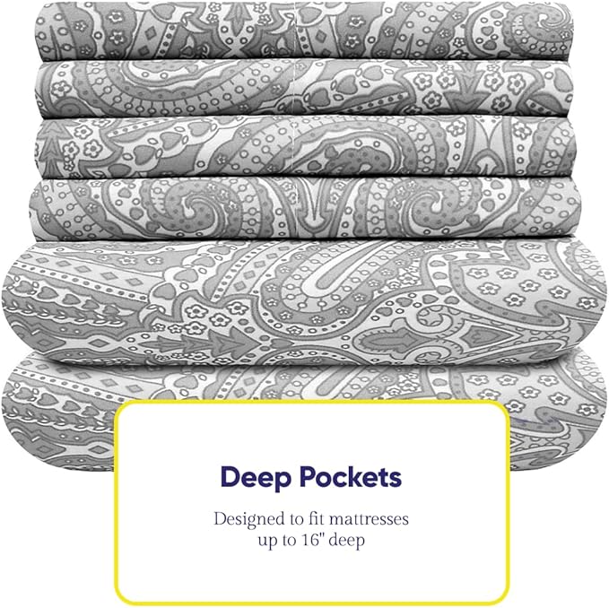 Cal King Size Bed Sheets - 6 Piece 1500 Supreme Collection Fine Brushed Microfiber Deep Pocket California King Sheet Set Bedding - 2 Extra Pillow Cases, Great Value, California King, Paisley Gray