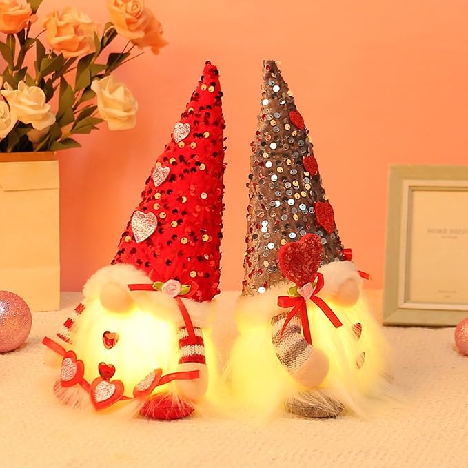 Light Up Gnome Valentine's Day Decorations Indoor Home Decor 11" Lighted Valentines Gnomes Decor Plush Scandinavian Tomte Elf Holiday Gnomes Ornaments Valentines Day Gifts for Her (Red)
