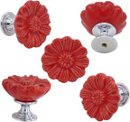 6PCS Vintage Floral Daisy Ceramic Dresser Drawer Knobs Elegant Cabinet Cupboard Door Hardware Pull Handles w/Screws Red