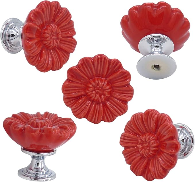 6PCS Vintage Floral Daisy Ceramic Dresser Drawer Knobs Elegant Cabinet Cupboard Door Hardware Pull Handles w/Screws Red