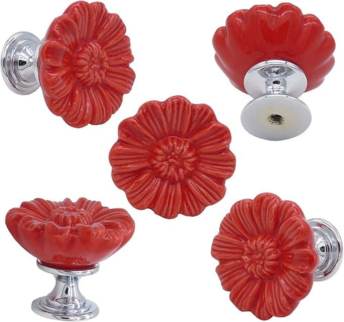 6PCS Vintage Floral Daisy Ceramic Dresser Drawer Knobs Elegant Cabinet Cupboard Door Hardware Pull Handles w/Screws Red