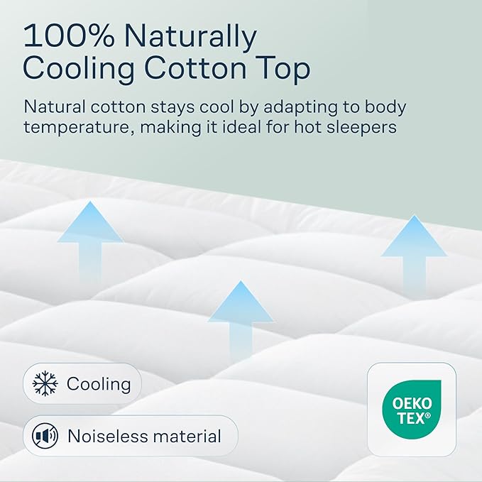 Cloud-Like Full Size Mattress Topper - 100% Cotton Top Mattress Pad for Back Pain Relief - Breathable & Naturally Cooling for Hot Sleepers, White