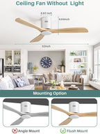 Sofucor 52 Inch Smart Ceiling Fan Without Light Flush Mount Solid Wood Ceiling Fan with Alexa/Google/APP/Remote Control-Modern Outdoor Ceiling Fans No Light for Bedroom/Patio/Indoor,Natural Wood&White