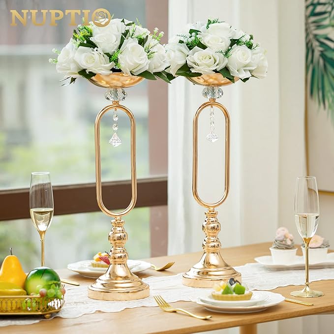 NUPTIO Pcs of 6 Fake Flower Ball Arrangement Bouquet,15 Heads Plastic Roses with Base, Suitable for Our Store's Wedding Centerpiece Flower Rack for Parties Valentine's Day Home Décor (Pure White)
