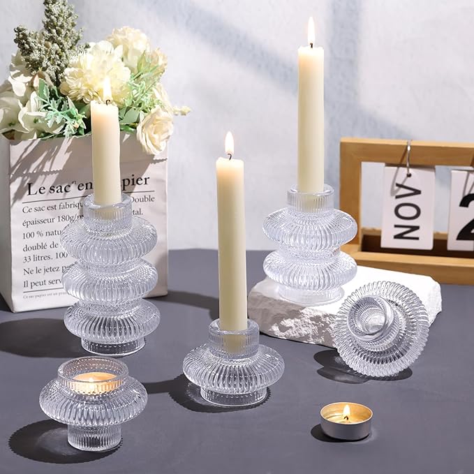 Glass Candlestick Holders -10Pcs Taper Candle Holders Clear Candle Sticks Holder Decor Ribbed Glass Votive Candle Holder for Table Centerpiece Wedding Christmas Dinner Party