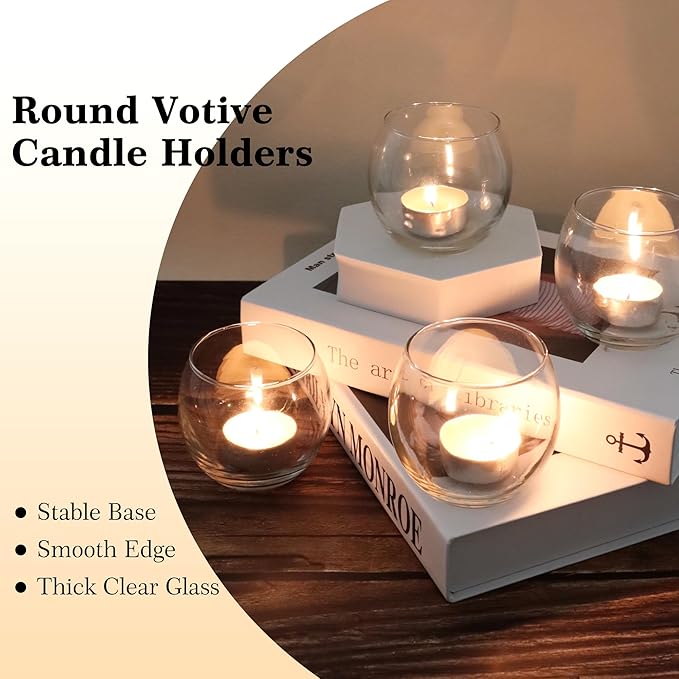 Set of 12 Clear Glass Tealight Candle Holder, 2.6'' H x 3.1'' W, Round Votive Candle Holders Bulk, Small Bowl Candle Holder for Wedding Table Centerpiece Home Decor