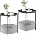 VECELO Round Side/End Table with Fabric Storage Basket，Metal Anti-Rust and Waterproof Small Bedside Nightstand with Removable Tray Top for Living Room，Balcony & Laundry，Black /2pcs with Basket