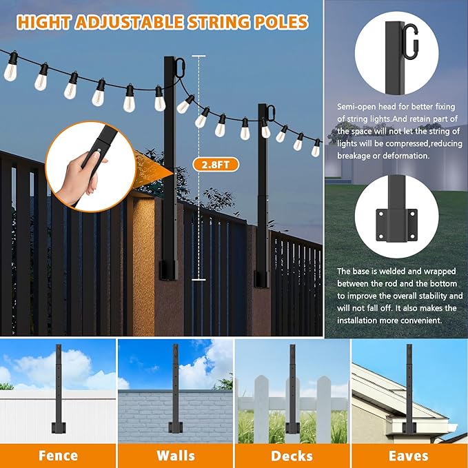 6 Pack 2.8Ft Suspension Outdoor String Light Poles for Outside String Lights Hanging,with Clip and Holder,Light Post Mounting Stand for Patio Fence Wall Garden Backyard Deck