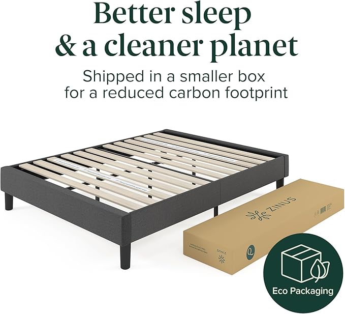 ZINUS Curtis Upholstered Platform Bed Frame, Mattress Foundation, Wood Slat Support, No Box Spring Needed, Eco Friendly WonderBox (TM) Packaging, Dark Grey, Queen