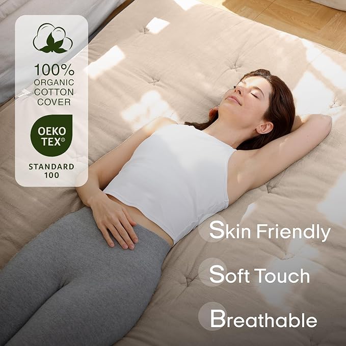 ZonLi Japanese Floor Futon Mattress Full Size 75"x 54", 100% Cotton Cover 4'' Thicken Tatami Mattress, Foldable Sleeping Pad, Portable Dormitory Tatami Mat, Roll Up Floor Lounger Bed for Adult (Khaki)