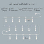 Brightech Ambience Pro Waterproof LED Outdoor String Lights, 48 Ft, Hanging, Dimmable Vintage Edison Bulbs, 15 Bulbs, 2W