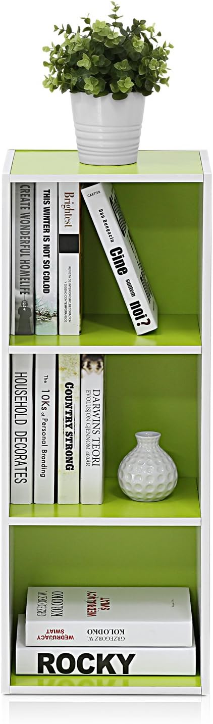 Furinno LUDER Book Shelf, 3-Cube Bookshelf, Bookcase, 9.3" x 12" x 31.5", for Living Room, Bedroom, Home Office, White/Green