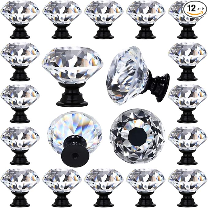 12 Packs Crystal Cabinet Knobs Drawer Pulls and Knobs Diamond Dresser Handles Crystal Pulls for Drawers - 30 mm Clear Glass Cabinet Knob with Black Base