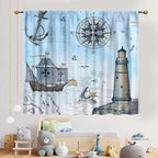 Nautical Curtains, Vintage Marine Coastal Sailboat Compass Anchor Ocean Beach Lighthouse Watercolor Blue Decorative Drapes for Bedroom Living Room Kitchen Bathroom Window 2 Panels Set, 52"x84" Inch