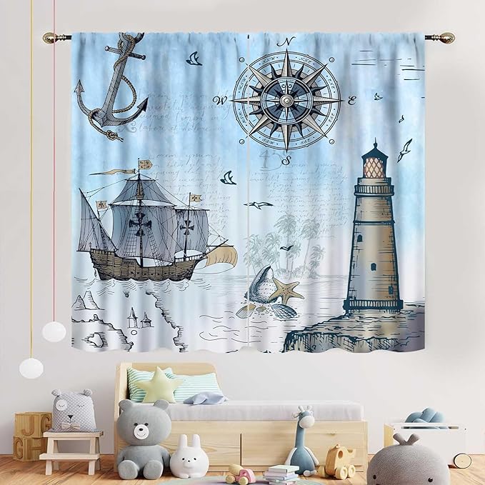 Nautical Curtains, Vintage Marine Coastal Sailboat Compass Anchor Ocean Beach Lighthouse Watercolor Blue Decorative Drapes for Bedroom Living Room Kitchen Bathroom Window 2 Panels Set, 52"x84" Inch