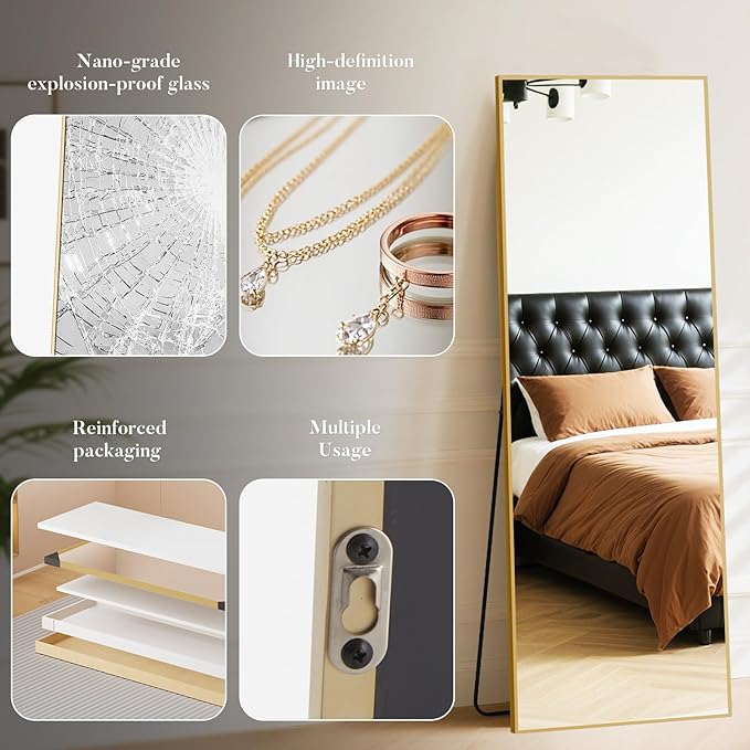 DUMOS Wall-Mounted Full Length Mirror 21"x 65" for Bedroom, Full Body Floor Mirror with Stand, Hanging or Leaning for Wall, Gold