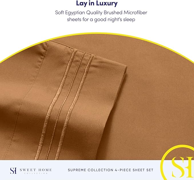 1800 Supreme Collection - Breathable Luxury Full Size Sheet Set with Full Elastic & Secure Corner Straps Built In - Extra Soft Deep Pocket Bedding, Mocha