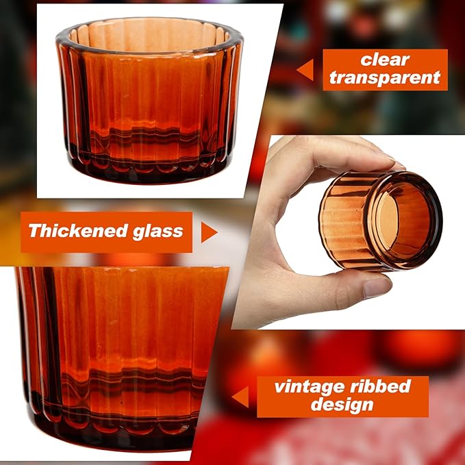 Mumufy 100 Pack Glass Tealight Candle Holder Ribbed Votive Candle Holder for Centerpiece Wedding Proposal Spa Aromatherapy Meditation Home Decor(Amber)