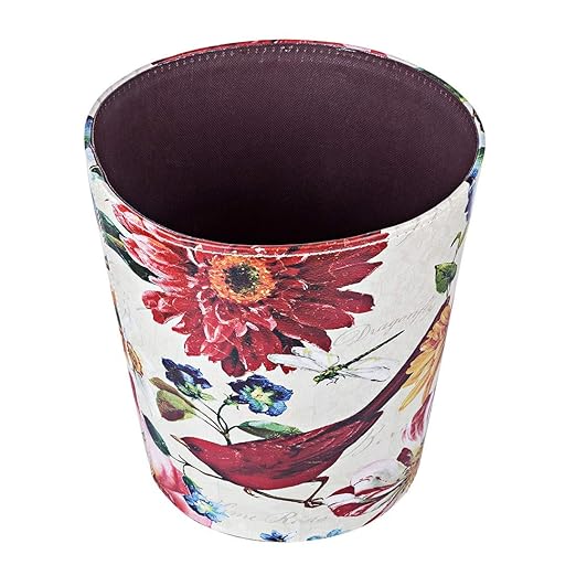 Leather Trash Can, Retro Decorative Waste Basket, 10L Capacity Small Waste Paper Basket, Waterproof Garbage Can for Bathroom, Bedroom, Office, Kitchen and Living Room - Red Bird