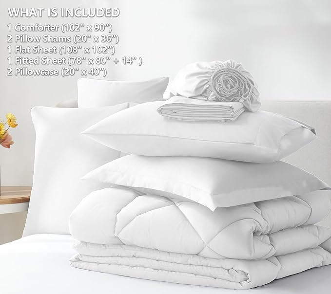 CozyLux King Size Comforter Set White - 7 Pieces Bed in a Bag King, Luxury Soft Bed Set for All Seasons, Bedding Set with Down Alternative Comforter, Sheets, Pillowcases & Shams
