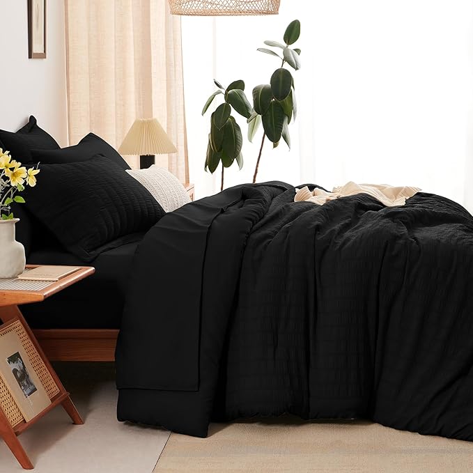 CozyLux Oversized Queen Comforter Set Black Seersucker 7 Pieces 98x98 Bed in a Bag Comforter Set with Sheets, Luxury Soft Bedding Sets with Down Alternative Comforter, Sheets, Pillowcases & Shams