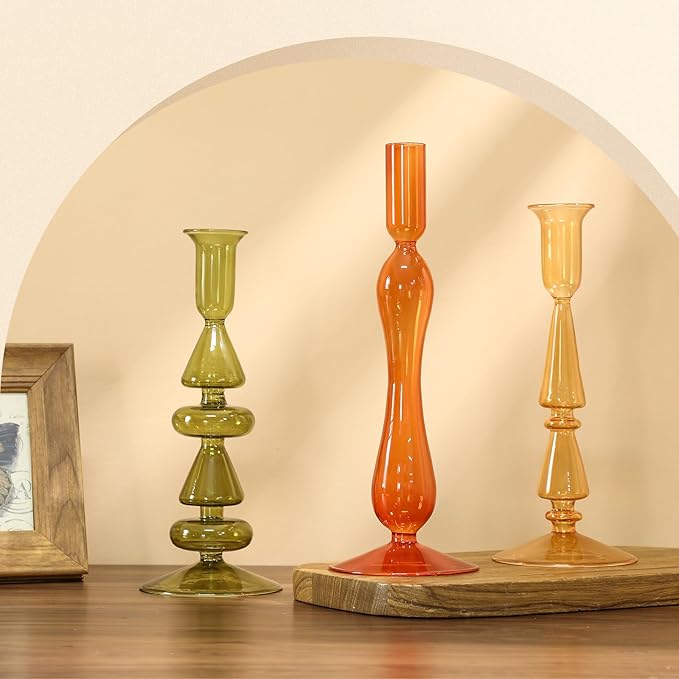 Mumufy 3 Pcs Thanksgiving Glass Candlestick Holders Thanksgiving Ball Shaped Glass Taper Candle Holder Amber Olive Honey Gold Fall Candle Stick Vase Decor for Holiday(9.1, 9.5, 10.6 inch,Cute)