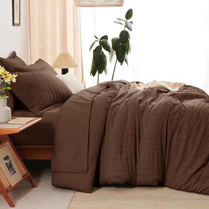 CozyLux King Size Comforter Set Brown Seersucker 7 Pieces Bed in a Bag King Comforter Set with Sheets, Luxury Soft Bedding Set with Down Alternative Comforter, Sheets, Pillowcases & Shams All Seasons