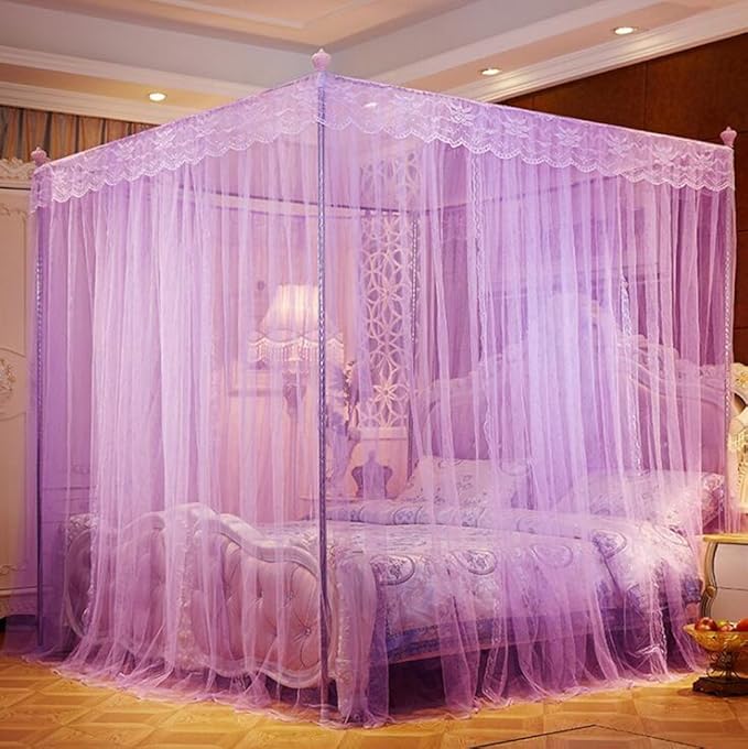 4 Corners Princess Bed Curtain Canopy Canopies for Girls Boys Adults Bed Gift (Twin, Purple)