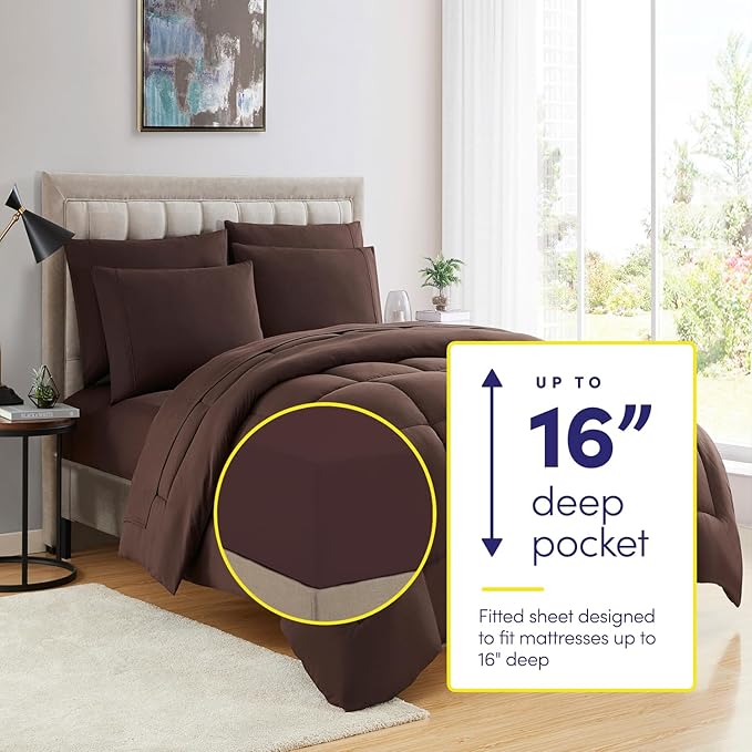 RV Short Queen Comforter Set for RV Camper - Comforter Set with Fitted & Flat Sheet, 4 Pillowcases - Tailored for RV Short Queen Beds - Cozy Essentials for Your RV Bedroom, Brown
