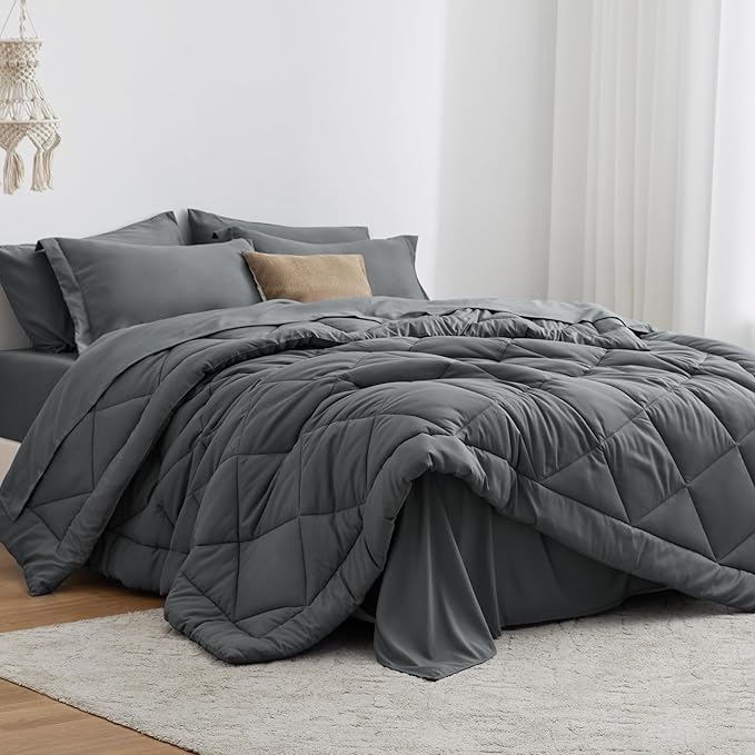 Love's cabin Twin XL Comforter Set Dark Grey, 5 Pieces Twin XL Bed in a Bag, All Season Bedding Sets with 1 Comforter, 1 Flat Sheet, 1 Fitted Sheet, 1 Pillowcase and 1 Pillow Sham