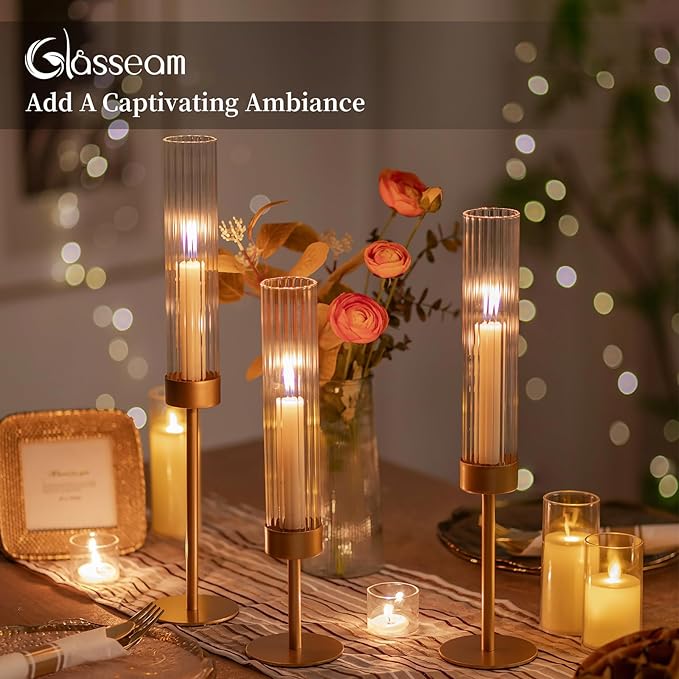 Gold Hurricane Taper Candle Holders: Glasseam 3Pcs Brass Candlestick Holders with Ribbed Glass Cylinder Cover Fluted Tall Candle Sticks Holder Decor for Table Centerpiece Wedding Christmas Decorations