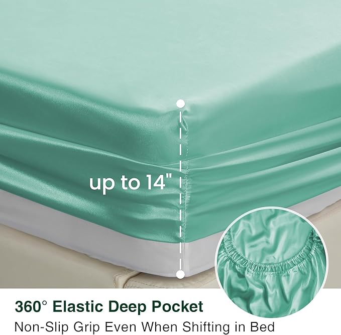Love's cabin Satin King Sheet Sets - 4 Piece Aqua Silky Sheets King Size Bed Set with Deep Pocket, Luxury Silk Feel King Size Satin Sheet Set (1 Flat Sheet,1 Fitted Sheet,2 Pillow Cases)