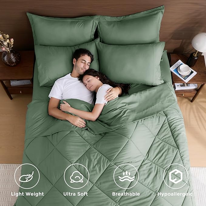 HEVUMYI Sage Green California King Comforter Set - 7-Piece All Season Bed in a Bag Cal King, Ultra Soft Bedding Set with Comforter, Flat Sheet, Fitted Sheet, Pillowcases, Pillow Shams
