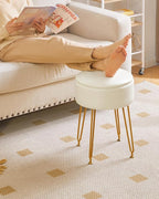 IBUYKE Faux Leather Round Footrest Stool with Storage Ottoman, Makeup Vanity Chair Side Table, PU Dressing Table Seat, Removable Cover, Golden Steel Legs, White WBD024W