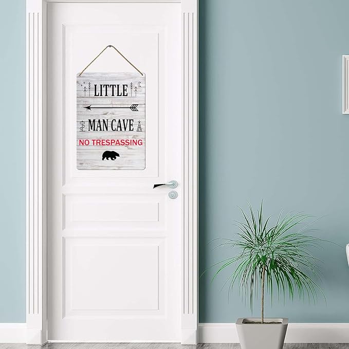 Little Man Cave Wooden Hanging Wall Sign, 8x12 Inch, Farmhouse Wall Decor for Baby Home Bedroom Living Room