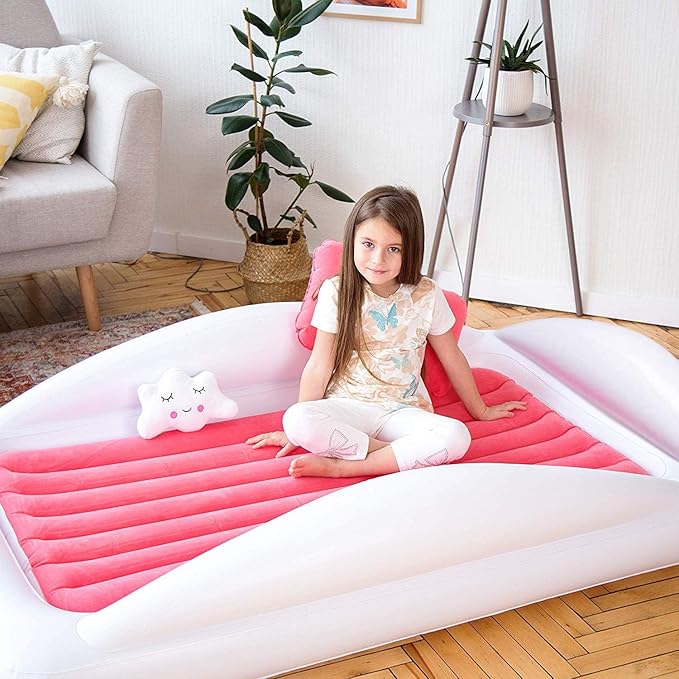 Sleepah Inflatable Toddler Travel Bed Portable Kids Air Mattress Set w Safety Rail Guards for Kids & Toddlers – Includes Pump, Carry Case, Pillow & More - Perfect Transitional Cot Coral