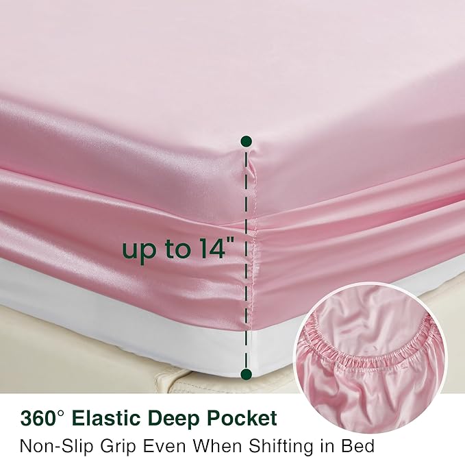 Love's cabin 4Piece California King Satin Bed Linen Set, Pink Silky Satin Sheets, Deep Pocket, Luxury Silk Feel, 1 Flat, 1 Fitted Sheet, 2 Pillow Cases