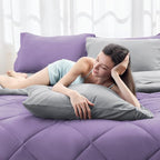 HEVUMYI Queen Comforter Set - 7-Piece All Season Bed in a Bag Queen, Ultra Soft Bedding Set with Comforter, Flat Sheet, Fitted Sheet, Pillowcases, Pillow Shams, Purple & Light Grey