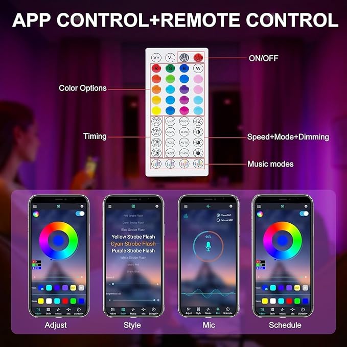 Smart LED Lights for TV Strip, 6.56ft RGB LED Lights for 32-40 Inch TVs, Music Sync Bluetooth App & Remote Control, USB-Powered for Gaming, Bedroom, Home Theater