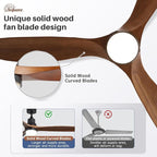 Sofucor 60 Inch Ceiling Fans with Lights, Walnut Solid Wood Ceiling Fan with Light Remote Control, Indoor/Outdoor Ceiling Fan with Reversible DC Motor, 3 Blade Fan Light for Bedroom Patio Farmhouse
